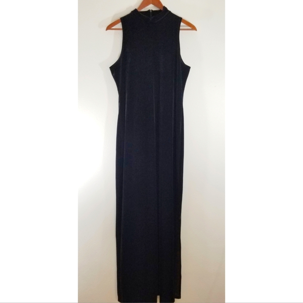 Vintage black velour mock neck maxi sheath dress
